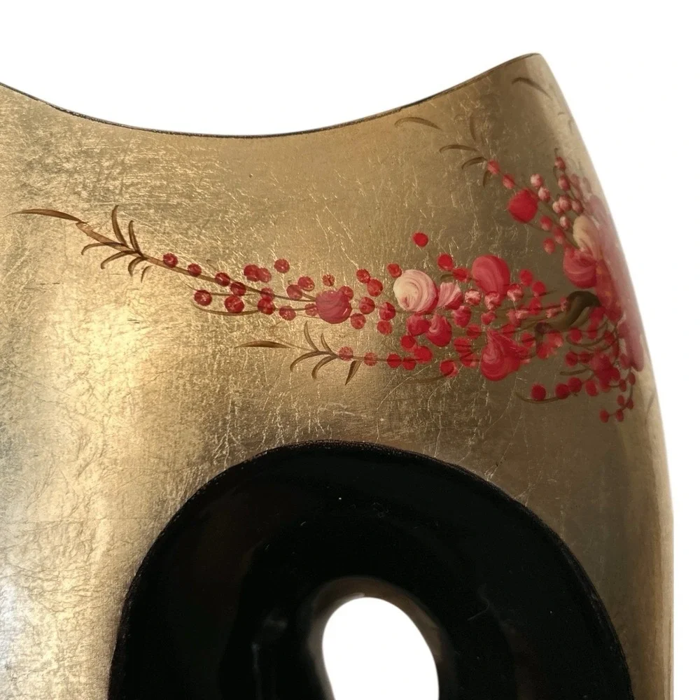 Gold Lacquerware Asian Decor Vase Hand Painted Red Cherry Blossom 12